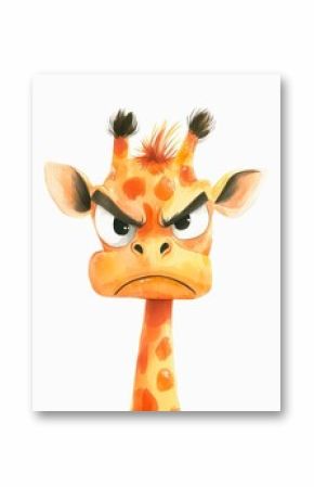 Watercolor cartoon illustration of an angry grumpy giraffe on white background.
