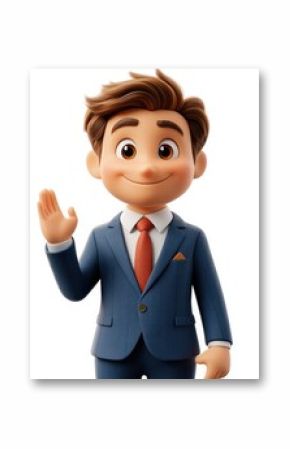 3D cartoon businessman in blue suit with red tie happily presenting with hand gesture