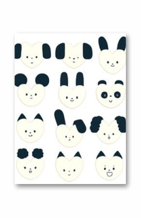 black and white cute emoji animal face . emboss sticker retro style set . minimal animal heart shape face cartoon character . transparent background