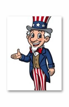 Cartoon uncle sam character with patriotic hat and striped pants offering a friendly gesture