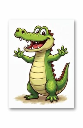 Chalk style illustration cartoon alligator. Smiling gator with open mouth, showing teeth. Green reptile stands, waving hands. Funny animal character for kids, education. Crocodile drawing on white.