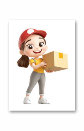 A cheerful and happy 3D cartoon delivery girl holding a box with a bright smile. Designed in a cute and playful style. Isolated on a transparent background