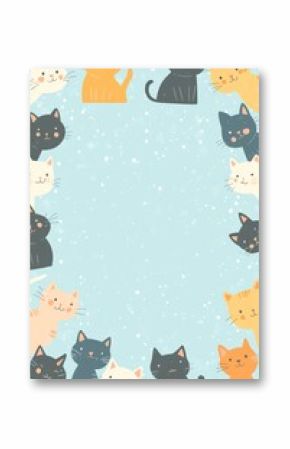 Playful cats surround a snowy blue background with cartoon appearance