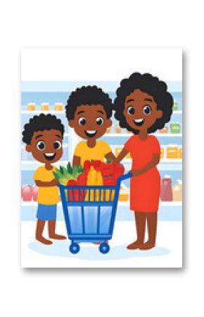 Illustration Of A Mother Shopping With Her Two Sons Using A Blue Shopping Cart Filled With Groceries And Smiling