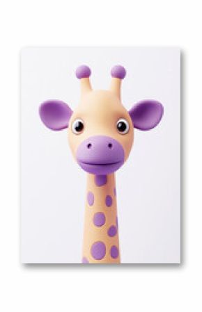 A cartoon giraffe with purple spots and ears against a white background