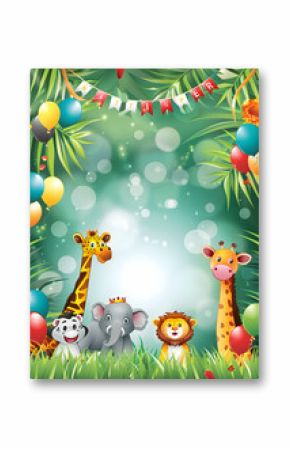 A colorful jungle-themed backdrop featuring cartoon animals for a party or celebration.