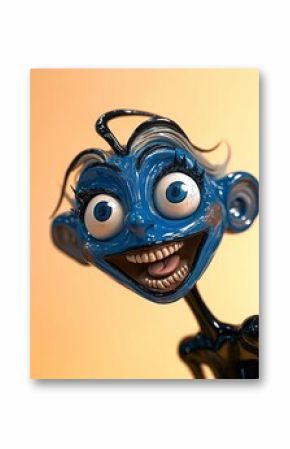 Quirky blue cartoon character with big eyes and wide smile