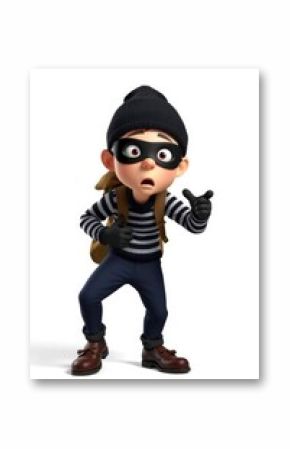Cartoon Thief Pointing with Surprised Expression in Striped Sweater and Hat