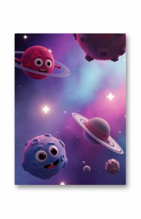 Colorful cartoon planets and moons in a whimsical outer space scene