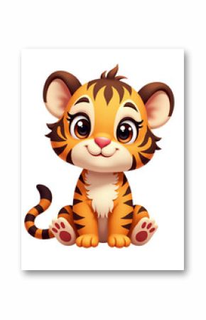 Cute Cartoon Tiger Cub Sitting, Orange & Black Stripes, transparent background