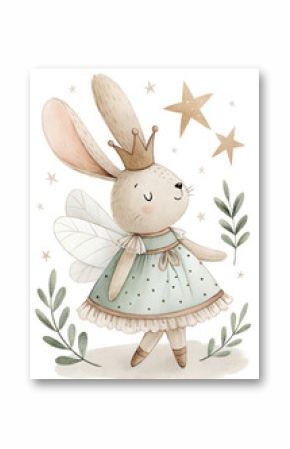 Watercolor fairy bunny in a pastel dress with stars. Cute rabbit in a golden crown and wings. Children’s illustration