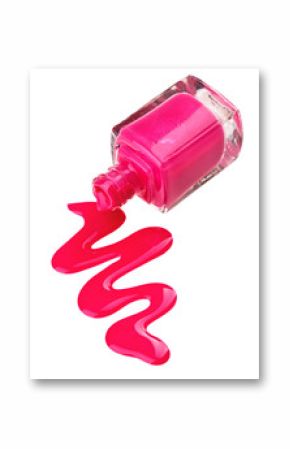 Bottle of pink nail polish with enamel drop samples, isolated on