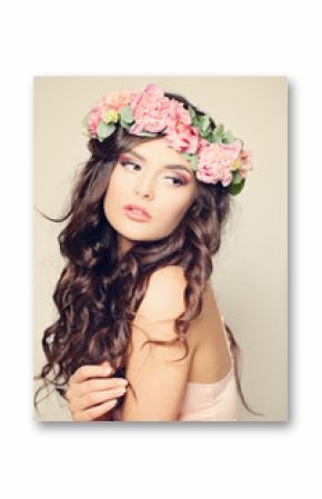 Gentle Floral Portrait of Woman Fashion Model. Curly Hair, Beaut