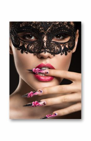 Beautiful girl in mask with long nails and sensual lips. Beauty