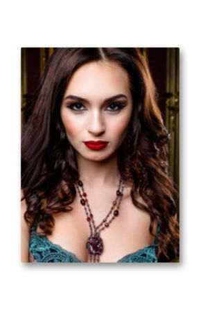 Close up portrait of Sexy brunette woman with long curly hair