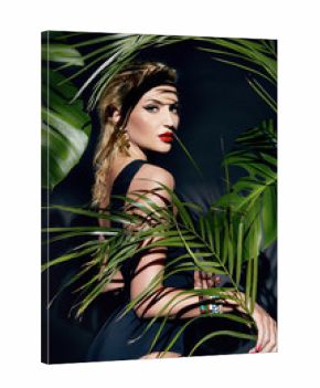 Beauty sexy woman makeup jungle palm sun tan shadows beach