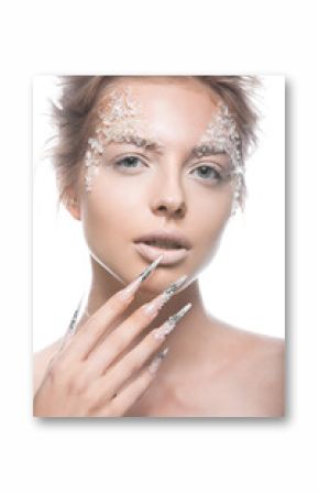 Beautiful fashion model with long nails, creative makeup and