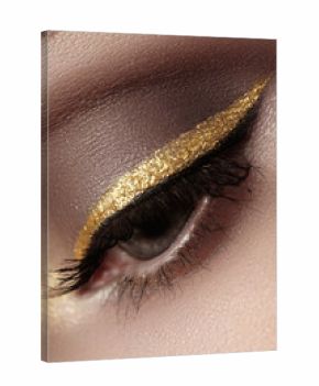 Beautiful macro shot of female eye with ceremonial makeup. Perfect shape of eyebrows, eyeliner and pretty gold line on eyelid. Cosmetics and make-up. Closeup macro shot of fashion sparcle visage  