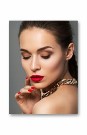 Beauty portrait of young aristocratic woman with red lips