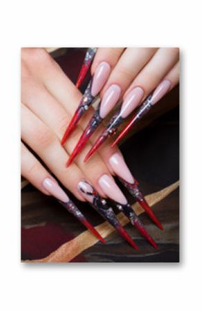 Long beautiful manicure on the fingers in black and red colors with a spider. Nails design. Close-up