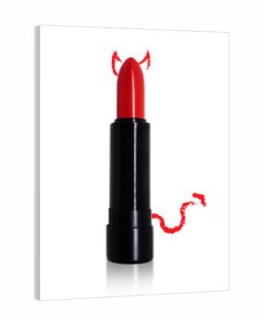 A red lipstick with doodle of devil horns and tail
