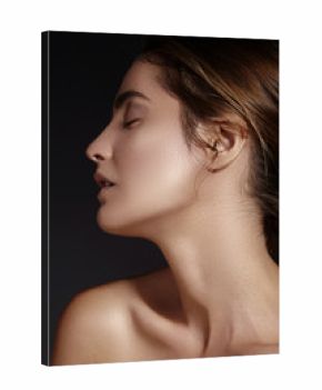 Beautiful young woman with perfect clean shiny skin, natural fashion makeup. Glamour portrait of model with tanned skin. Close-up woman, fresh spa look    