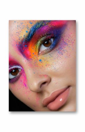 Close up view of female face with bright multicolored fashion ma