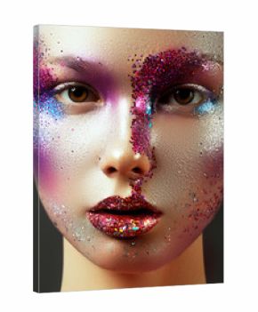 Beauty, cosmetics and makeup. Magic eyes look with bright creative make-up. Macro shot of beautiful woman's face with perfect art make up with glitter. Closeup. Body art