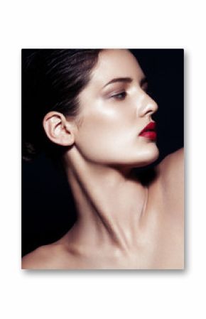 Beauty makeup fashion model with red lips profile