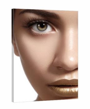 Closeup portrait with of Beautiful Woman Face. Gold fashion lip Makeup. Make-up and Cosmetic. Beauty style