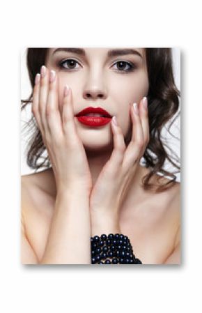 Portrait of young brunette woman on white background. Girl with necklace on the wrist