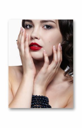 Portrait of young brunette woman on white background. Girl with necklace on the wrist