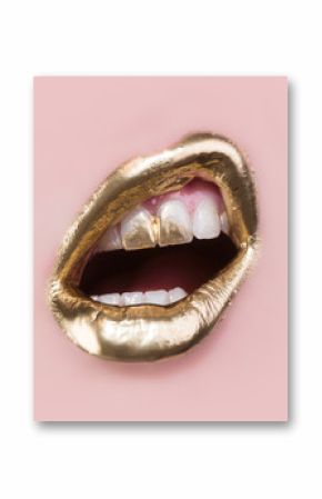 Golden lip make up. Gold paint on lips and teeth. Open mouth and white teeth isolated on pink background. Part of rich face covered in gold. Modern make-up for women. Sensual golden luxury concept