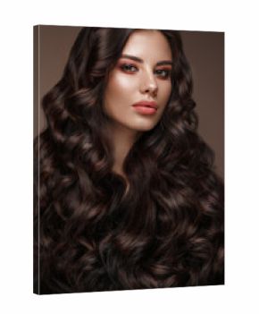 Beautiful brunette model with curls, classic makeup and full lips. The beauty of the face. Portrait shot in the studio.