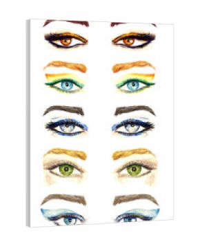 Variety of eyes shapes with different makeup styles collection, from bright to natural colors palette eyeshadows, mascara, eyebrows, hand painted watercolor fashion illustration isolated on white