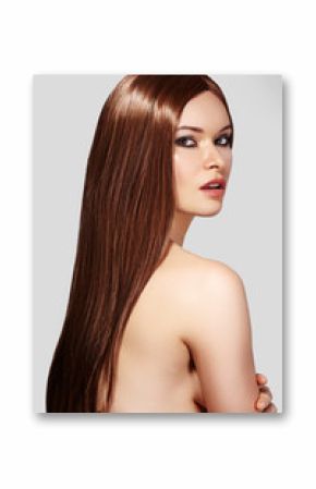 Beautiful Young Woman with Clean Skin, Straight Shiny Hair, Fashion Makeup. Portrait Sexy Brunette with Smooth Hairstyle