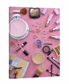 Makeup Items on Vintage Pink Wood Table