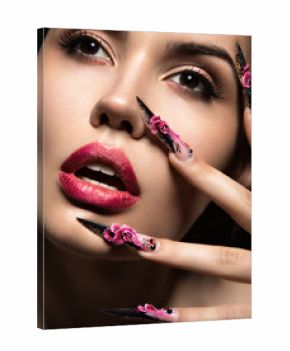 Beautiful girl in mask with long nails and sensual lips. Beauty