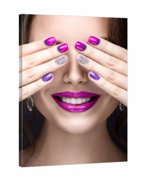 girl with a bright make-up and manicure with rhinestones. 
