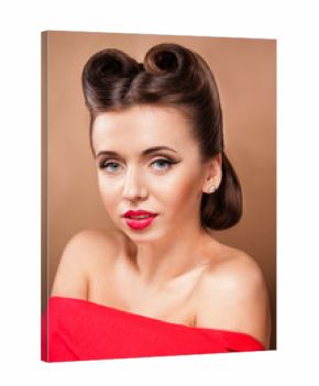 Portrait of styled Woman with brunette hair style and red lips