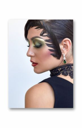 Retro fashion portrait of elegant woman, 1920s styled, feather hairstyle