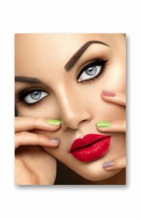 Beauty fashion woman with vivid makeup and colorful nailpolish
