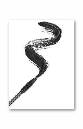 Stroke of black mascara with applicator brush close-up, isolated