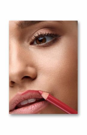 Face Makeup. Beautiful Woman Using Lip Pen, Pencil For Lips
