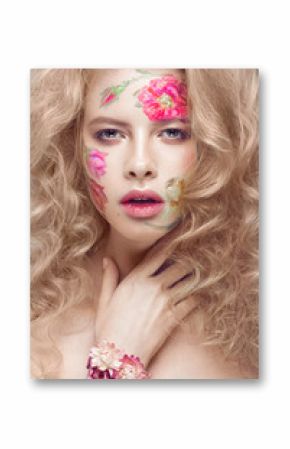 Beautiful blond girl with tresses and a floral pattern on the face. Beauty flowers. Portrait shot in studio