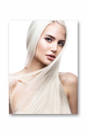 Beautiful blond girl in move with a perfectly smooth hair, and classic make-up. Beauty face. Picture taken in the studio.