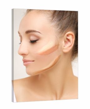 Putting makeup .Contouring.Make up woman face. Contour and highlight makeup.