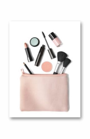 Aerial view of make up products spilling out of a pastel pink cosmetics bag, isolated on a white background