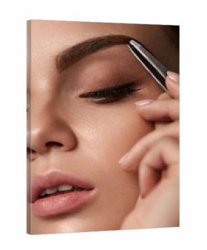 Beauty Woman Makeup. Closeup Of Beautiful Glamorous Sexy Woman Face With Closed Eye Plucking Eyebrow With Tweezers. Young Female Model With Plucked Eyebrows. Beautycare And Skincare. High Resolution