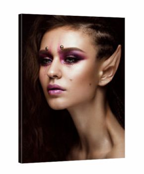 Brunette girl with a creative hairstyle braids, art make-up and the elf's ears. Beauty face. Photo taken in the studio.